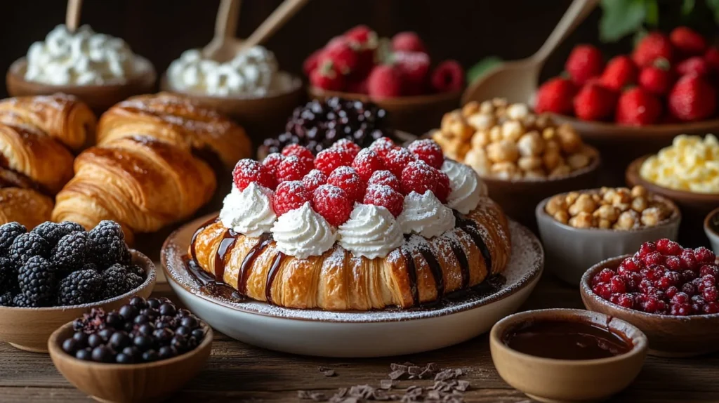 Collage showing steps for preparing French toast: slicing croissants, whisking custard, dipping croissants, and frying on a skillet.