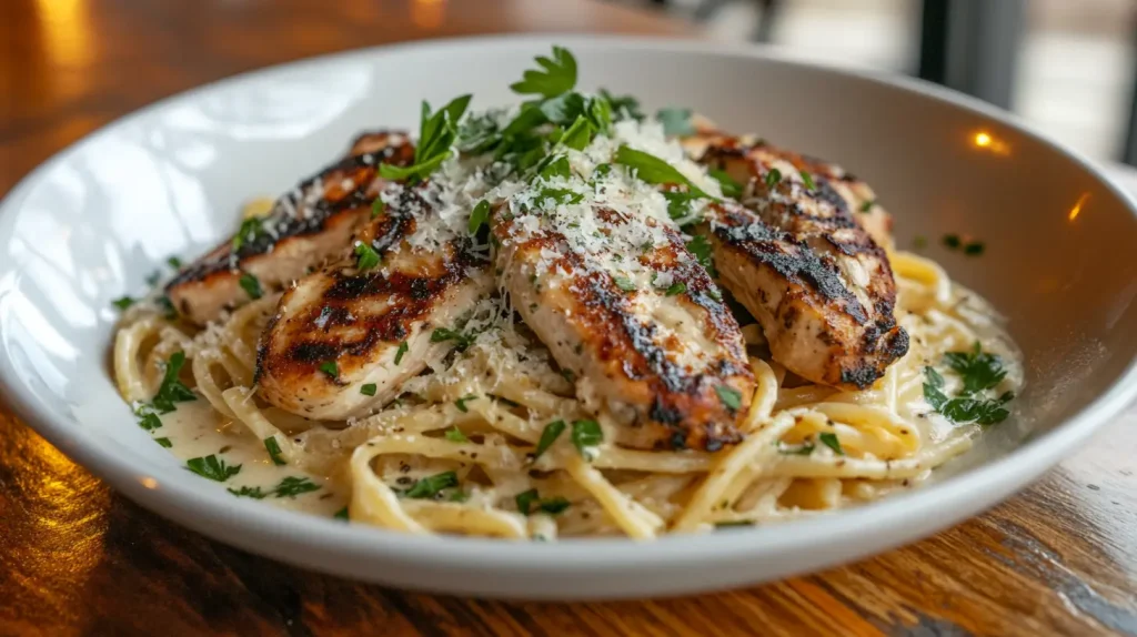 A beautifully plated dish of traditional Chicken Alfredo, featuring creamy pasta coated in a rich white sauce, tender pieces of grilled chicken, topped with freshly grated Parmesan cheese, garnished with parsley leaves, and served on an elegant white plate. The background includes a rustic wooden table setting with soft, warm lighting to enhance the inviting atmosphere of this classic Italian meal.