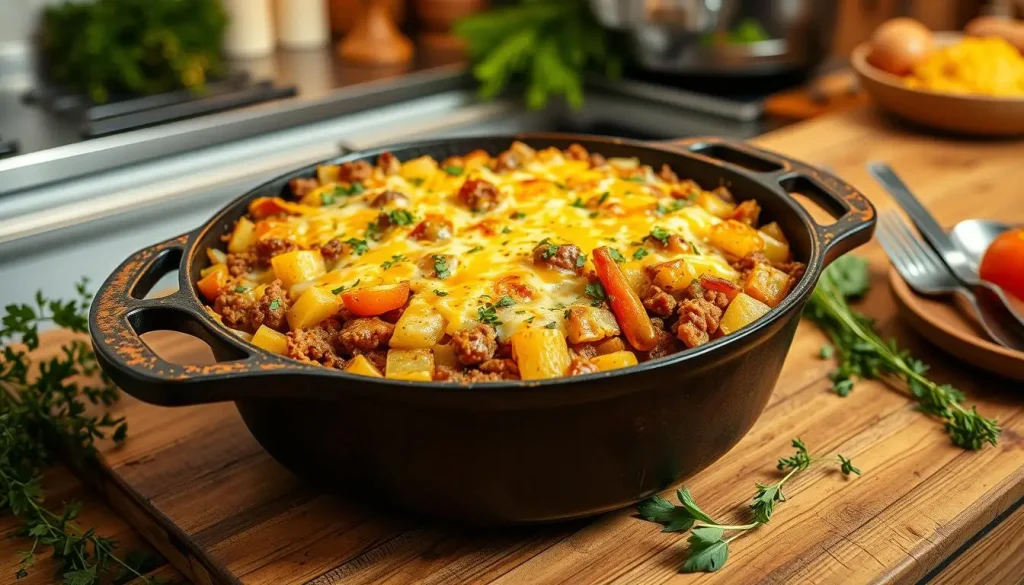 A rustic hobo casserole dish filled with layers of ground beef, diced potatoes, mixed vegetables, and rich cheese, baked to golden perfection in a large cast-iron skillet. The setting includes a cozy kitchen with warm lighting, surrounded by fresh herbs, and a wooden table topped with utensils and colorful ingredients.