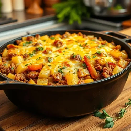 A rustic hobo casserole dish filled with layers of ground beef, diced potatoes, mixed vegetables, and rich cheese, baked to golden perfection in a large cast-iron skillet. The setting includes a cozy kitchen with warm lighting, surrounded by fresh herbs, and a wooden table topped with utensils and colorful ingredients.