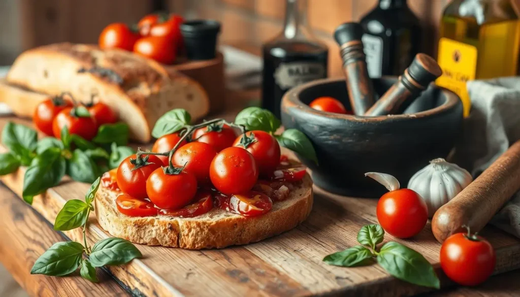 A rustic Italian kitchen scene featuring a wooden table adorned with fresh tomatoes, basil, garlic, and a loaf of toasted bread; an old-fashioned mortar and pestle nearby, with olive oil and balsamic vinegar bottles in the background; soft warm lighting creating an inviting atmosphere, evoking the origins of bruschetta and its connection to traditional Italian cuisine.