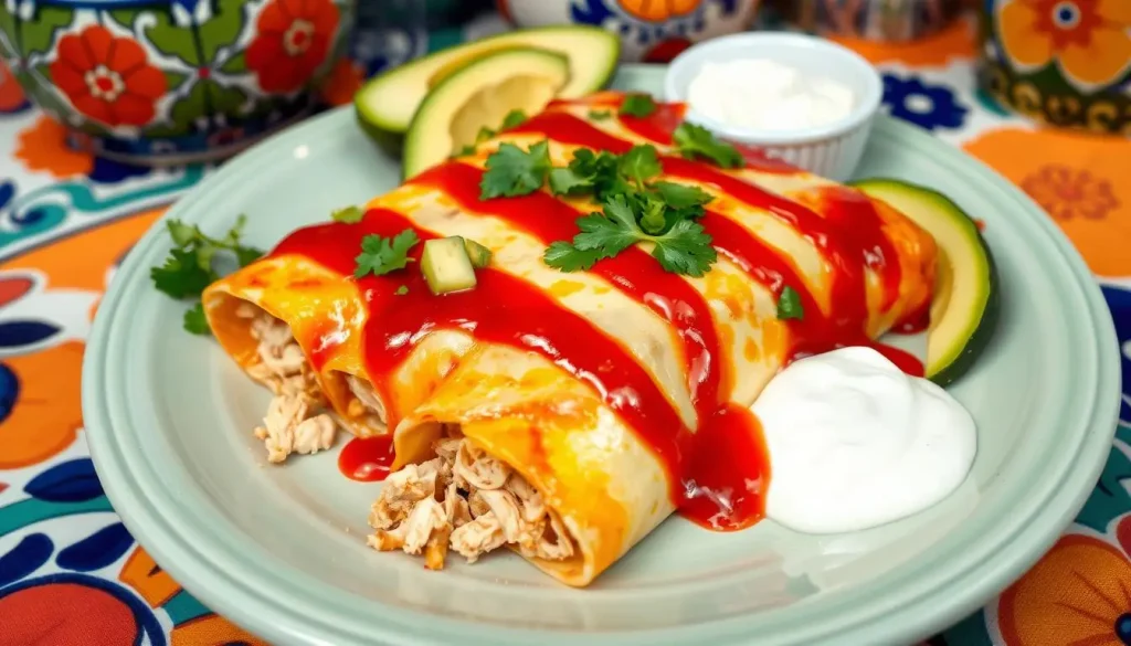 A vibrant plate of traditional Mexican enchiladas, filled with shredded chicken, topped with melted cheese and drizzled with rich red enchilada sauce, garnished with fresh cilantro, sliced avocados, and a side of tangy sour cream, set against a colorful table setting featuring hand-painted Talavera pottery.