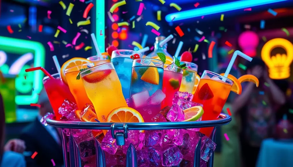 A vibrant, overflowing trash can filled with colorful mixed drinks, surrounded by ice cubes and fruit garnishes, bright neon lights reflecting off the liquids, fun party atmosphere with confetti scattered around, dynamic and playful energy capturing the essence of a lively party.