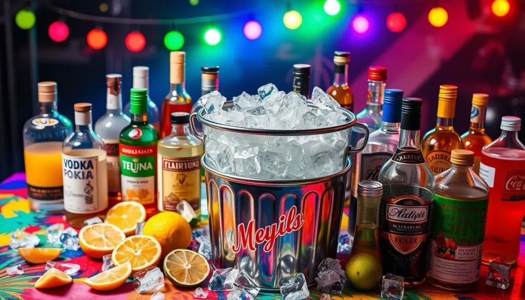 A colorful assortment of cocktail ingredients arranged on a vibrant table, featuring a large metal trash can filled with an ice mixture, surrounded by various bottles of liquor like vodka, rum, gin, and tequila, alongside mixers such as fruit juices and energy drinks. Fresh fruit slices like lemons, limes, and oranges scattered around, with ice cubes glistening under bright party lights, creating a lively and festive atmosphere.