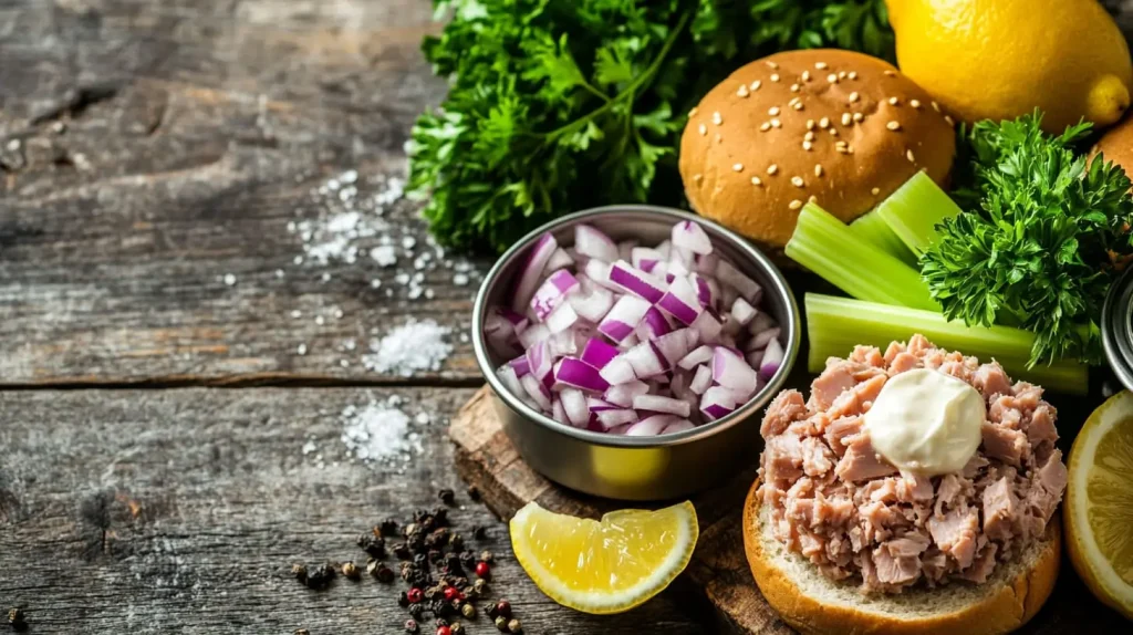 A vibrant arrangement of fresh ingredients for tuna burgers, showcasing a can of solid tuna, chopped red onion, diced celery, a bowl of mayonnaise, fresh parsley, a squeeze of lemon, whole wheat burger buns, and a sprinkle of salt and pepper, all placed on a rustic wooden table with a light and airy background.