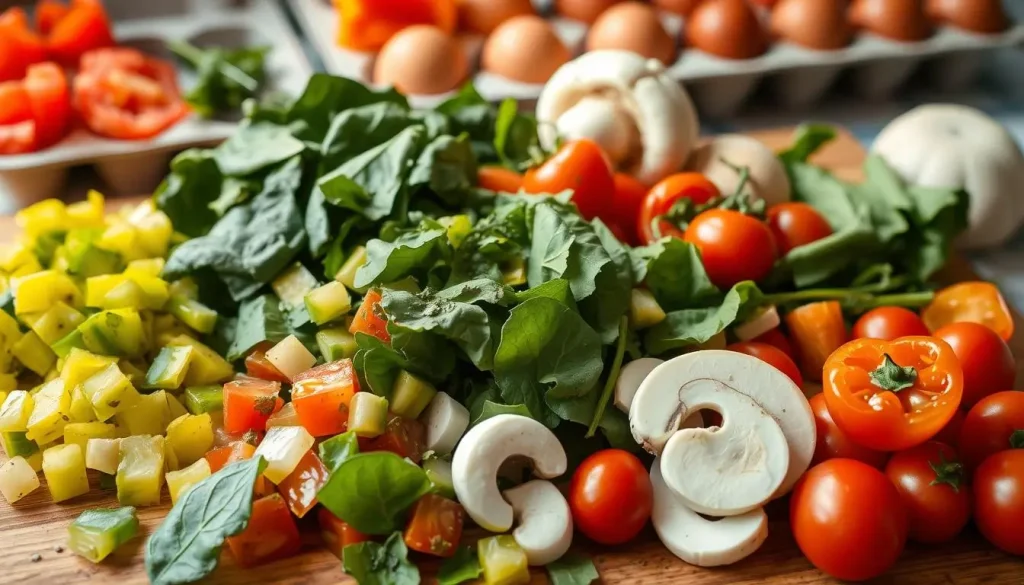 A vibrant assortment of fresh vegetables for a veggie breakfast scramble, featuring diced bell peppers, chopped spinach, sliced mushrooms, and cherry tomatoes, arranged artfully on a wooden cutting board with a sprinkle of herbs and a carton of eggs in the background. Soft morning light illuminating the scene.
