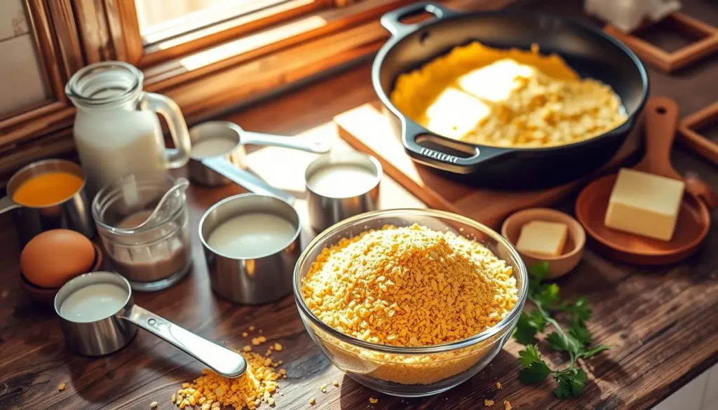 A rustic kitchen scene featuring a wooden countertop with a bowl of yellow cornmeal, measuring cups, and ingredients like eggs, milk, and butter arranged around it. Sunlight streaming through the window illuminating the vibrant yellow cornmeal, with a cast iron skillet in the background ready for baking. A few sprigs of fresh parsley scattered artistically nearby for color contrast.