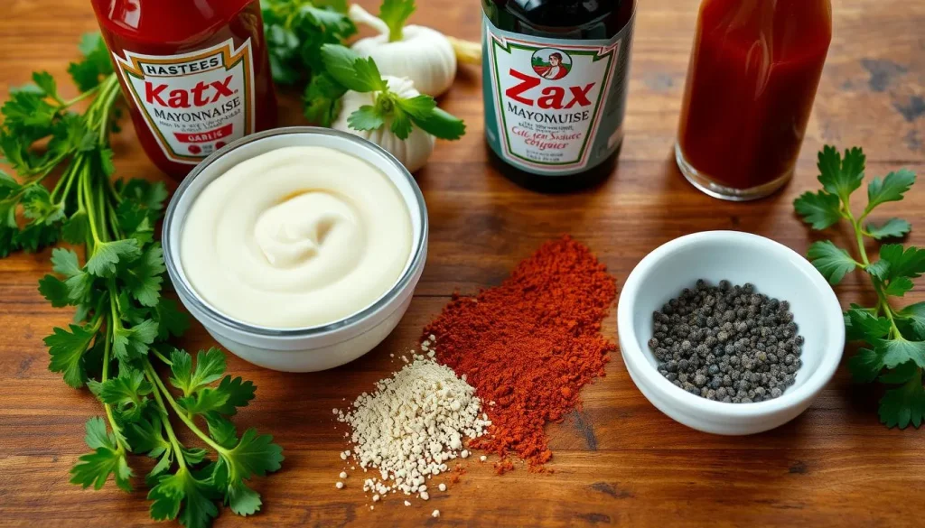 A vibrant arrangement of Zax Sauce ingredients on a wooden countertop, featuring a bowl of mayonnaise, a bottle of ketchup, a dash of garlic powder, cayenne pepper, Worcestershire sauce, and black pepper, all artistically presented with fresh herbs and spices around them, natural lighting enhancing the texture and colors.