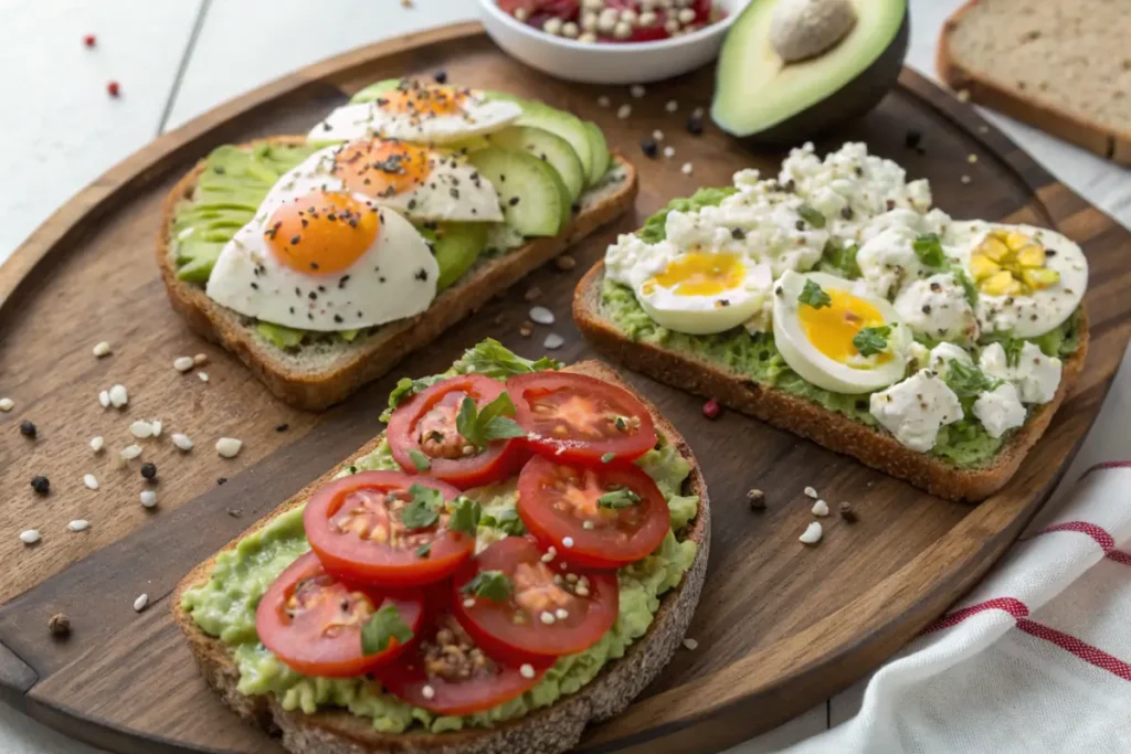 Creative variations of avocado toast with egg and toppings.