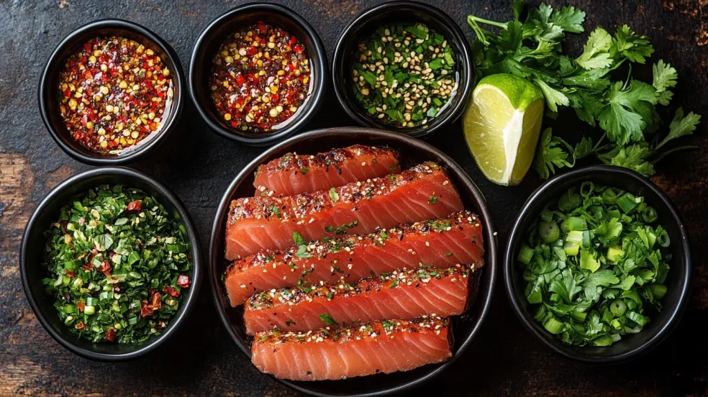 A vibrant display of a colorful marinade for ahi tuna, featuring fresh ingredients like soy sauce, ginger, garlic, lime juice, and sesame oil. Surround the mixture with whole spices like cracked peppercorns, chili flakes, and green onions. Include a beautifully seared ahi tuna steak beside the bowl, all set on a rustic wooden table with natural light enhancing the freshness and vivid colors.