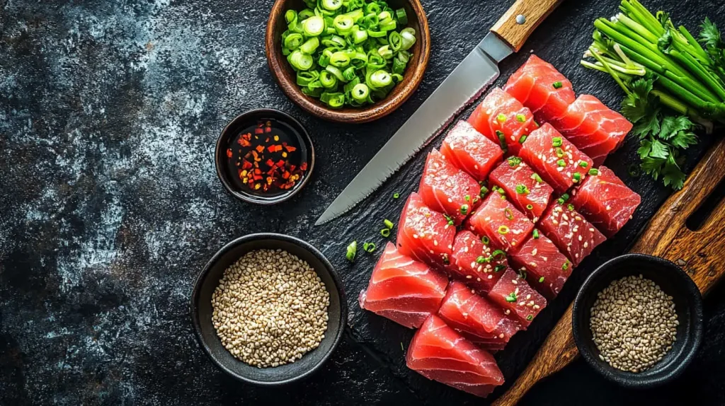 A beautifully arranged kitchen countertop featuring fresh ahi tuna steaks, a sharp knife, a bowl of soy sauce, a small dish of sesame seeds, thinly sliced green onions, and a vibrant array of spices. Soft natural lighting highlights the textures of the fish and the freshness of the ingredients, with a clean, minimalist aesthetic.