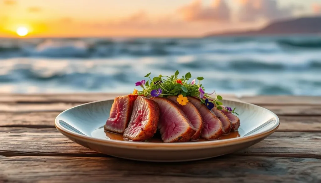A beautifully plated ahi tuna steak, perfectly seared with a golden crust, garnished with microgreens and edible flowers, served on a rustic wooden table, with a backdrop of ocean waves and a sunset sky.