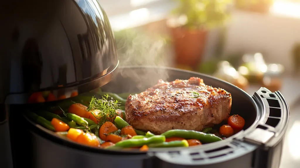 An air fryer in a bright kitchen setting, featuring perfectly cooked thin pork chops with a golden-brown crust, surrounded by fresh vegetables like green beans and carrots. The air fryer is sleek and modern, exuding an aura of convenience and efficiency, with steam lightly rising from the food. Sunlight streams through a window, highlighting the juicy texture of the pork chops and the vibrant colors of the vegetables.