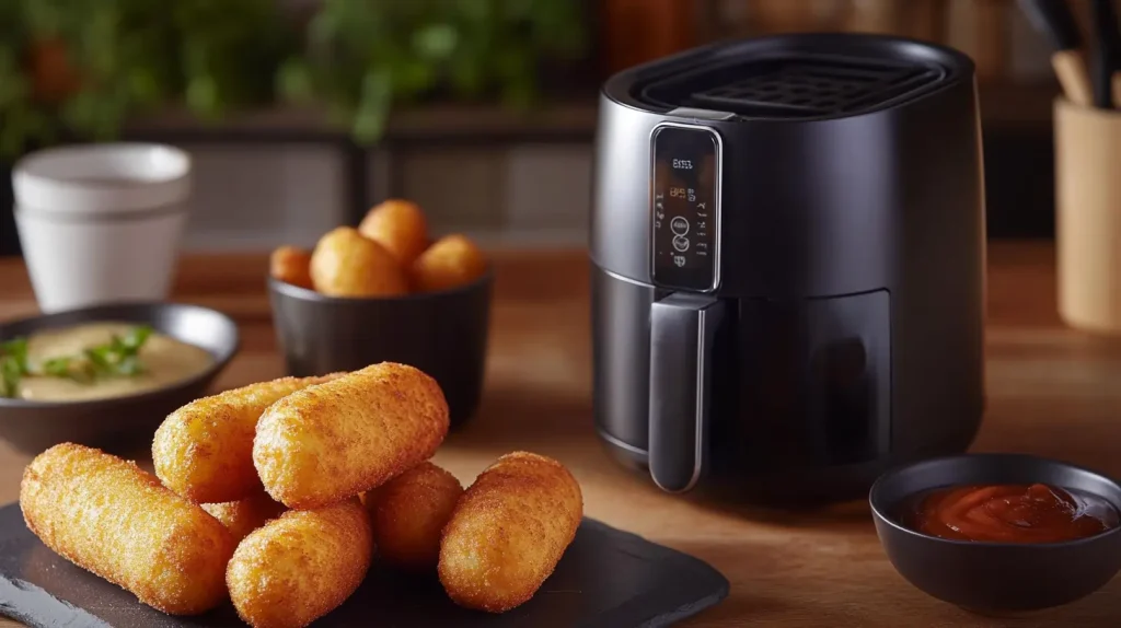 A close-up view of golden-brown mini corn dogs, perfectly crispy on the outside, arranged artistically around a sleek air fryer; a warm kitchen setting with natural light illuminating the scene, emphasizing the texture and appetizing look of the corn dogs, alongside a few dipping sauces in elegant bowls.