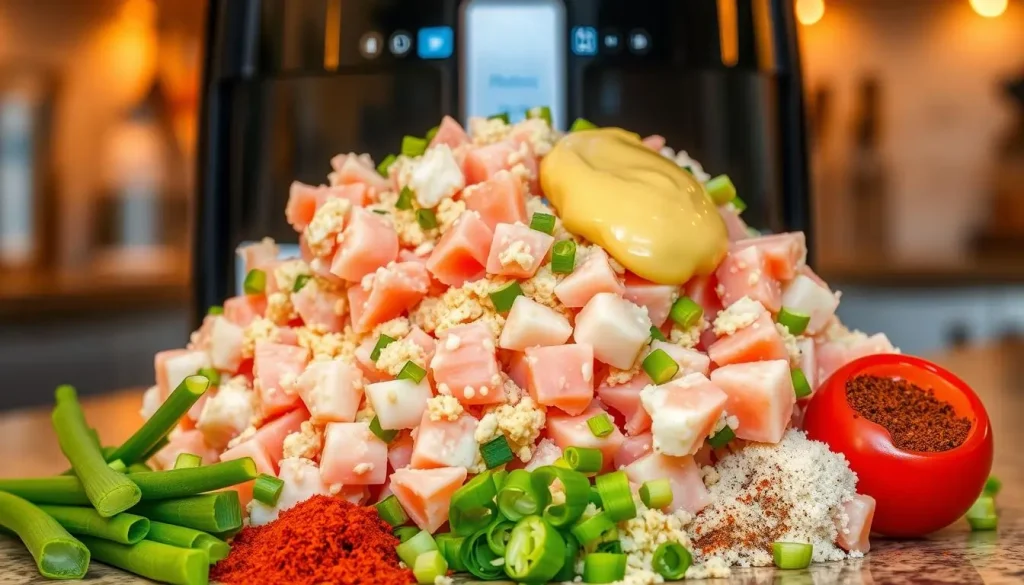 A vibrant, visually appealing arrangement of fresh crab meat, breadcrumbs, mayonnaise, Dijon mustard, chopped green onions, and various spices like paprika and black pepper, all set against a sleek air fryer. The background features a kitchen countertop with warm lighting, creating an inviting atmosphere.