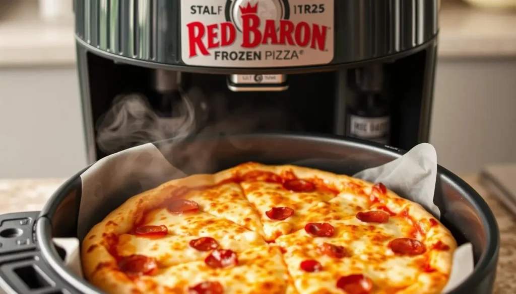 A golden-brown Red Baron frozen pizza in an air fryer basket, with a crispy crust and bubbling cheese, set against a modern kitchen background, steam rising from the pizza, vibrant colors of toppings visible, airy atmosphere.