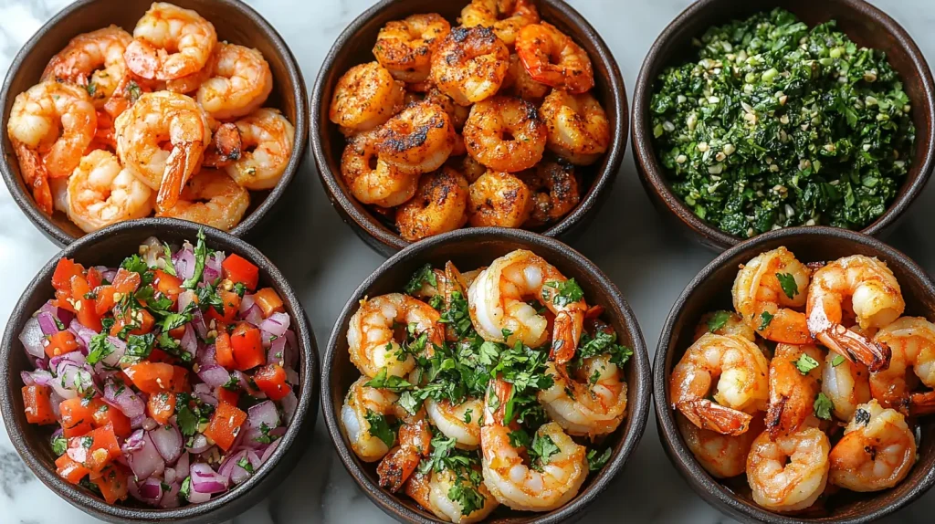 Five variations of air fryer garlic shrimp with different seasonings and garnishes.
