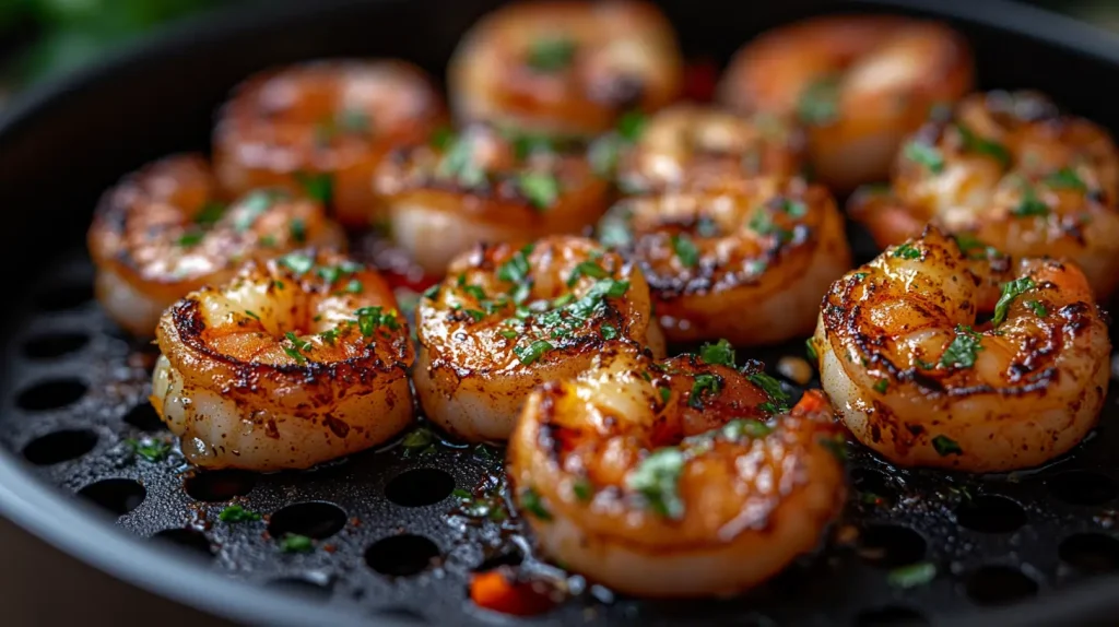 Air fryer basket with golden garlic shrimp cooked to perfection.
