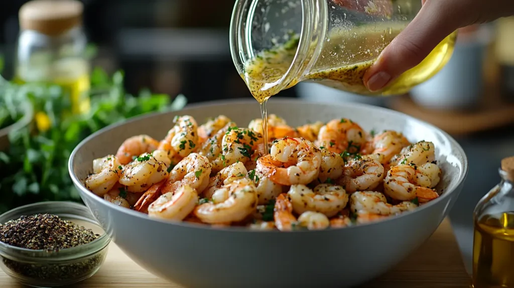 Pouring garlic butter over raw shrimp in a bowl before cooking.