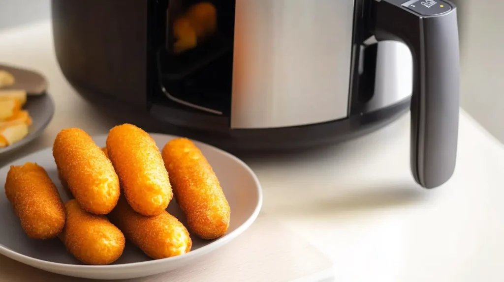 A plate of golden-brown mini corn dogs, crispy and perfectly cooked, placed next to a sleek modern air fryer, with a light wooden background and soft natural lighting highlighting the texture of the corn dogs.