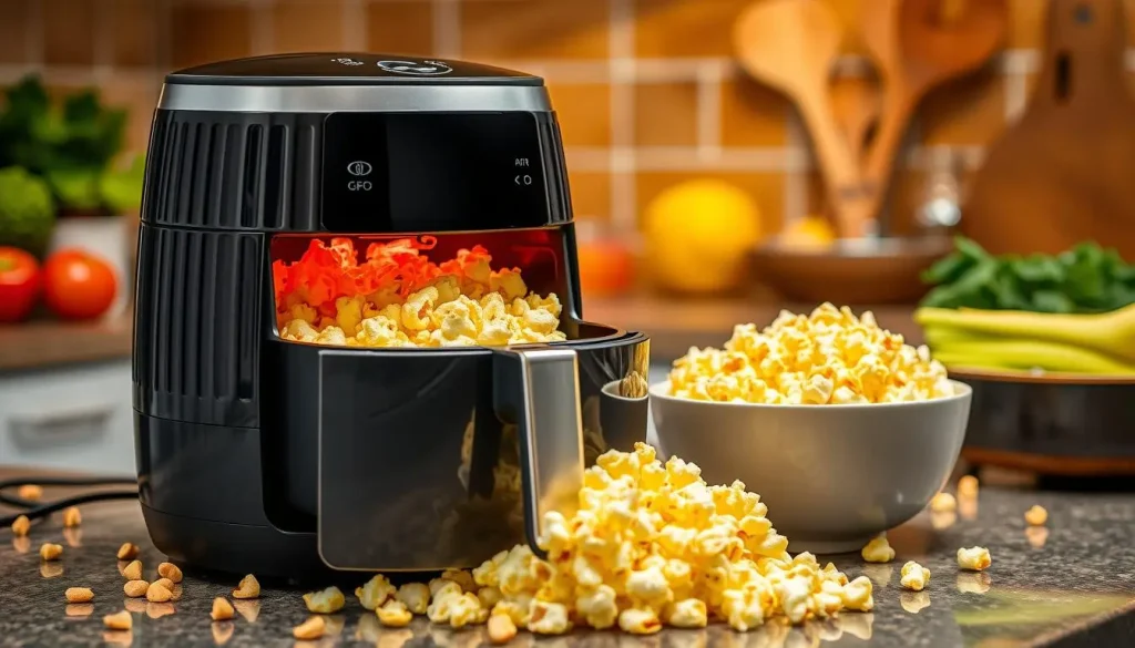 A stylish air fryer on a countertop, with popcorn kernels scattered around it, popcorn popping inside the fryer, warm golden popcorn spilling out into a bowl, vibrant kitchen background featuring fresh ingredients and cooking utensils.