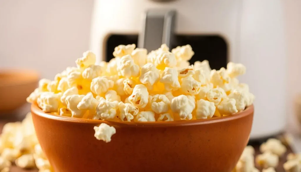 A close-up view of a golden-brown bowl filled with fluffy, popped popcorn, fresh from an air fryer. The air fryer sits in the background, slightly blurred, with its lid open, revealing the popping chamber. Soft, warm lighting enhances the texture and color of the popcorn, while scattered kernels and a sprinkle of sea salt add to the inviting scene.