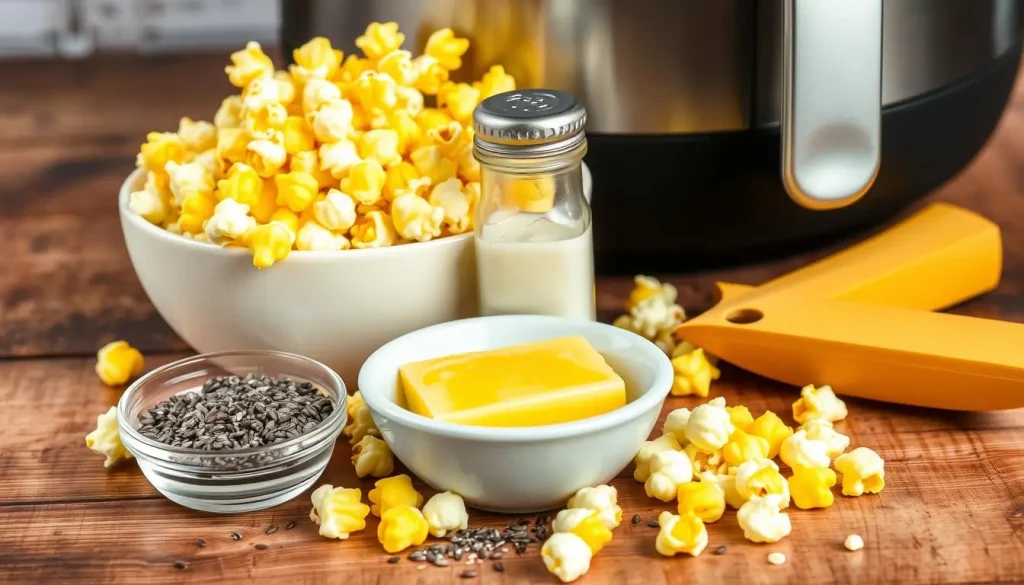 A visually appealing arrangement of essential ingredients for air fryer popcorn, featuring yellow popcorn kernels, a bowl of melted butter, salt shaker, and a sprinkle of poppy seeds, set against a rustic wooden background with an air fryer in the background.