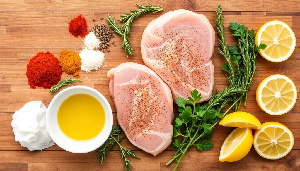 A vibrant flat lay arrangement of fresh ingredients for air fryer pork chops, including thin pork chops, a variety of spices like paprika, garlic powder, and black pepper, fresh herbs such as rosemary and thyme, olive oil drizzled in a small bowl, and lemon slices for garnish, all set against a rustic wooden background.