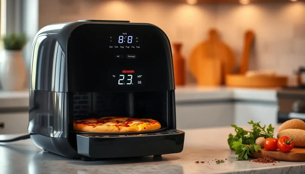 A sleek modern air fryer on a kitchen countertop, displaying an illuminated digital temperature setting screen, with a steaming Red Baron pizza inside, golden brown crust and melted cheese, surrounded by fresh herbs and spices, warm and inviting kitchen ambiance, soft natural lighting.