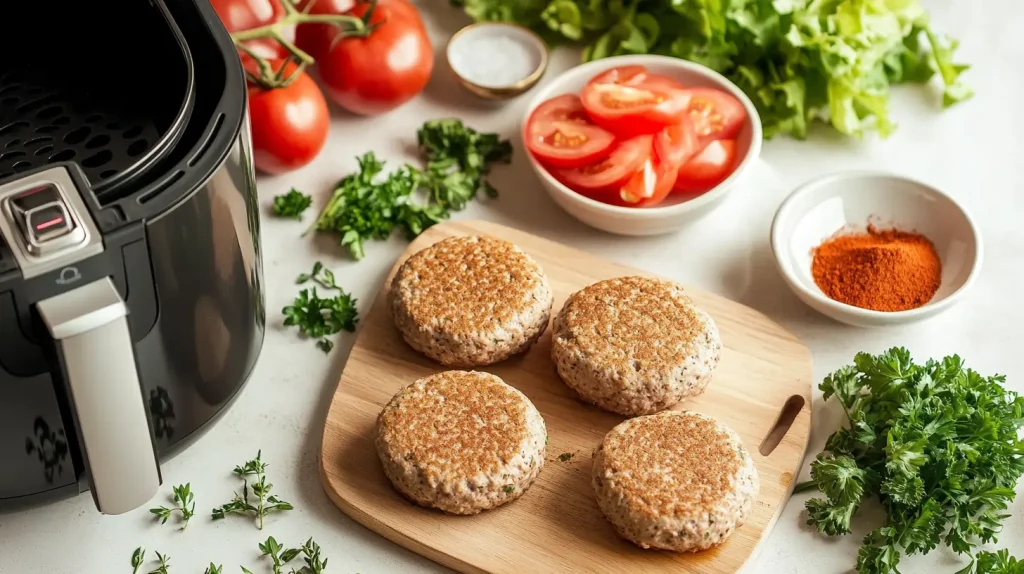 A vibrant kitchen countertop scene featuring an air fryer, frozen turkey burgers on a cutting board, fresh herbs like parsley and thyme, a bowl of spices including paprika and garlic powder, sliced tomatoes, lettuce leaves, and whole grain burger buns, natural lighting highlighting the freshness of the ingredients.