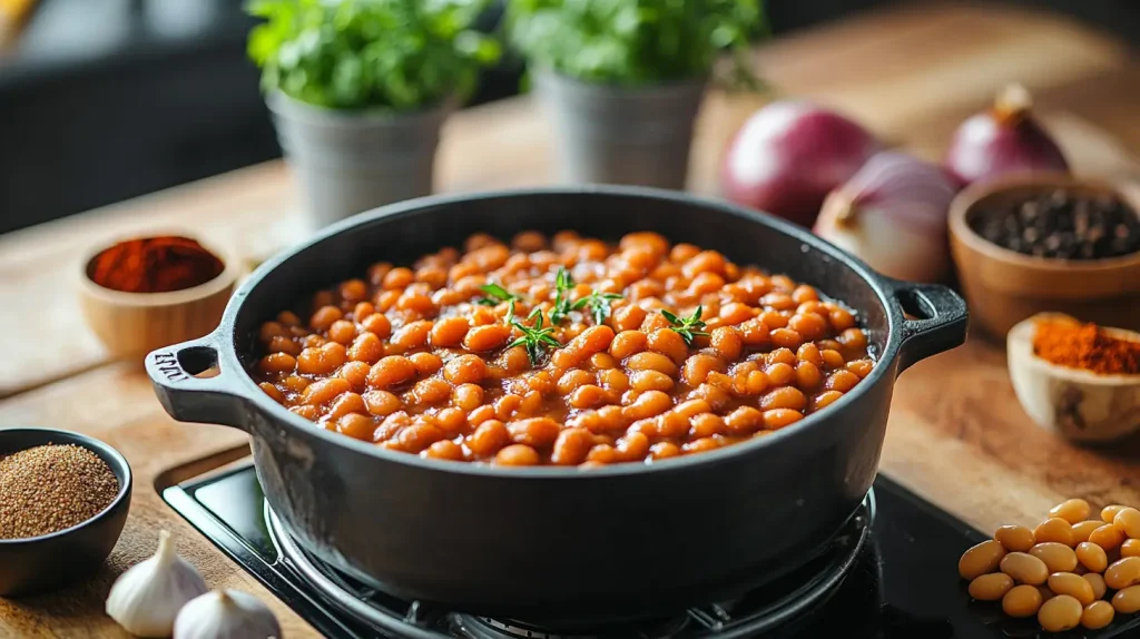 A rustic kitchen scene featuring a pot of bubbling baked beans on the stove, surrounded by essential ingredients like canned beans, diced onions, strips of bacon, brown sugar, mustard, and a sprinkle of spices. The background includes wooden countertops and fresh herbs in pots, with warm, inviting lighting that highlights the comfort food feel.