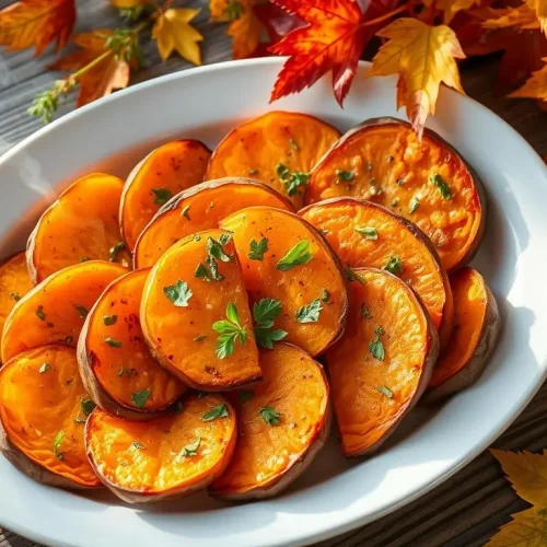 A beautifully arranged plate of golden-brown baked sweet potato slices, garnished with fresh herbs, placed on a rustic wooden table, surrounded by vibrant autumn leaves and a hint of steam rising from the warm slices, natural light illuminates the scene.