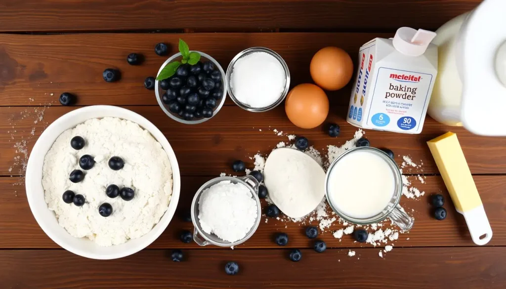 A top-down view of a wooden table displaying essential ingredients for blueberry muffins, including fresh blueberries, flour in a bowl, sugar, baking powder, a carton of eggs, a stick of butter, and a measuring cup with milk, arranged attractively with some scattered flour and blueberries around.