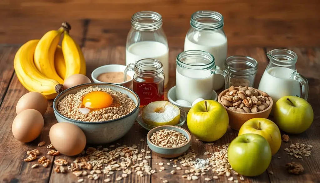 A rustic wooden table displaying a variety of colorful ingredients for bran muffins, including a bowl of wheat bran, fresh eggs, ripe bananas, a jar of honey, a measuring cup of milk, and a small dish of baking powder. Surrounding the ingredients are scattered oats, a handful of walnuts, and bright green apples. Soft natural light illuminating the scene to create a warm and inviting atmosphere.