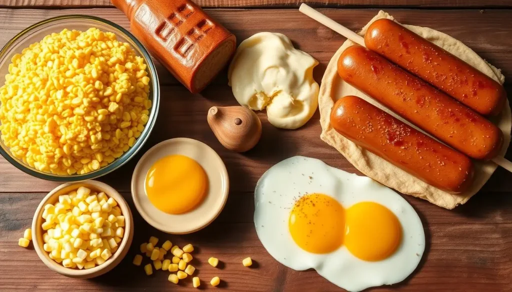 A vibrant arrangement of essential breakfast corn dog ingredients: golden cornmeal, fluffy pancake batter, juicy breakfast sausage links, fresh eggs, and a sprinkle of seasoning, all set on a rustic wooden table with a few scattered kernels of corn. Natural morning light illuminating the scene, creating a warm and inviting atmosphere.