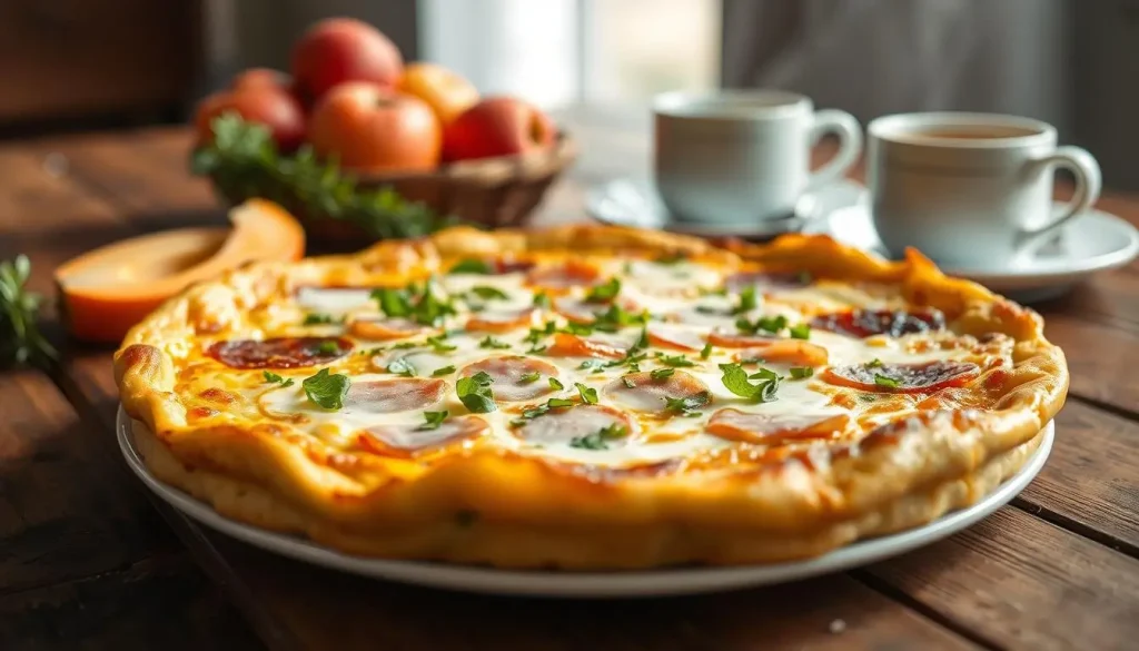 A beautifully arranged ham and cheese frittata on a rustic wooden table, featuring golden-brown edges and vibrant green herbs sprinkled on top, alongside fresh fruits and a steaming cup of coffee in the background. The scene captures a cozy breakfast atmosphere with soft morning light illuminating the dish.