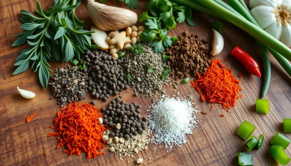 A rustic wooden surface adorned with an array of vibrant herbs and spices used for breakfast sausage seasoning, including sage, thyme, black pepper, and garlic, surrounded by fresh ingredients like chopped green onions and red pepper flakes, with a background hinting at a cozy kitchen atmosphere.