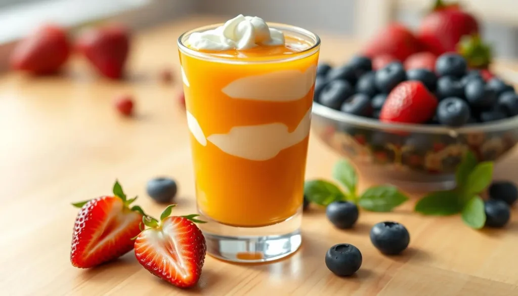A colorful breakfast shot glass filled with layers of orange juice, whipped cream, and a hint of maple syrup, surrounded by fresh fruits like strawberries and blueberries on a bright wooden table, with a light morning ambiance.