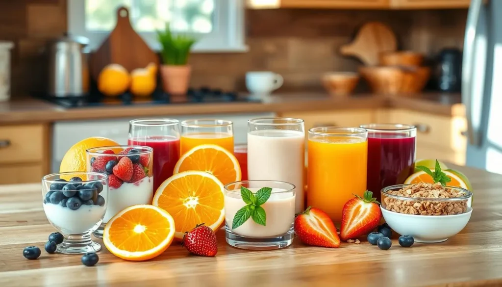 A vibrant assortment of breakfast shot ingredients arranged on a wooden kitchen counter, featuring fresh fruits like oranges, strawberries, and blueberries, alongside small glasses filled with colorful juices, yogurt, and granola. Include a sprig of mint for garnish and a sunny kitchen background with soft morning light streaming in.