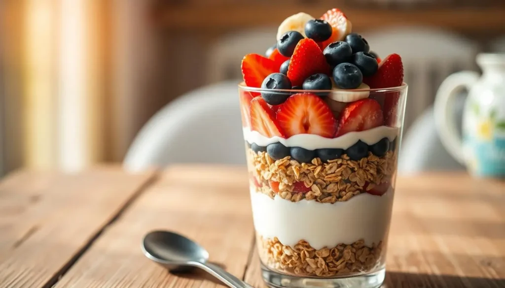 A vibrant breakfast shot featuring a layered glass filled with colorful ingredients: bottom layer of creamy yogurt, followed by a layer of granola, topped with fresh fruits like sliced strawberries, blueberries, and banana. The background includes a rustic wooden table with morning light illuminating the scene, and a small spoon beside the glass.