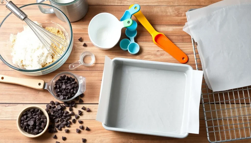 Assorted baking tools and equipment for making brookies, including a mixing bowl, whisk, measuring cups and spoons, silicone spatula, parchment paper, an 8x8 inch baking pan, and a cooling rack, arranged on a rustic wooden kitchen counter with scattered chocolate chips and cookie dough.