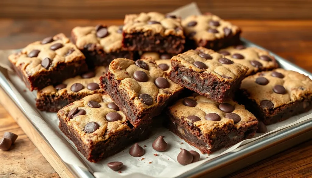 A delightful tray of freshly baked brookies, showcasing a perfect blend of gooey brownie layers and chewy cookie textures, with chocolate chips glistening, set against a rustic wooden background, warm natural lighting enhancing the delicious appeal.