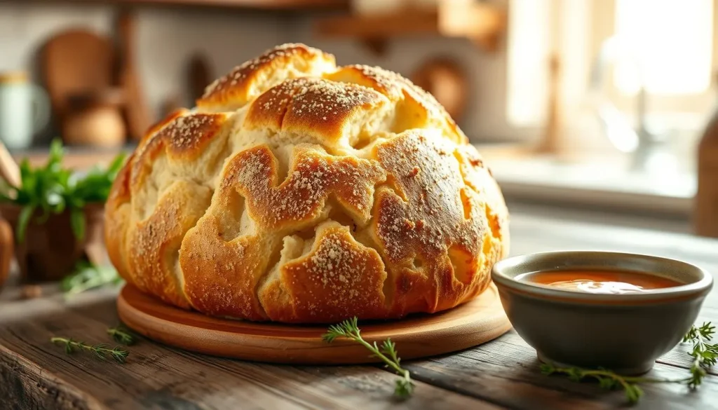 A freshly baked loaf of canes bread, golden brown crust with a soft, pillowy interior, served warm on a rustic wooden table, accompanied by a small bowl of dipping sauce, aromatic herbs scattered around, warm and inviting kitchen setting with soft natural light shining through the window.