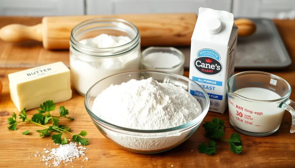 A rustic wooden countertop filled with essential ingredients for making Cane's bread: a bowl of all-purpose flour, a jar of yeast, a block of butter, a carton of eggs, and a measuring cup of milk. Arranged neatly, with sprigs of fresh parsley and coarse sea salt sprinkled around, complemented by a rolling pin and baking sheet in the background. Soft, natural lighting enhances the warm colors of the ingredients.