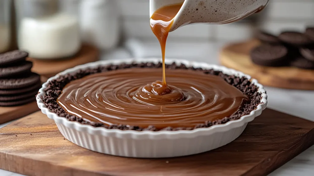 Caramel sauce being poured over an Oreo crust for a turtle pie.