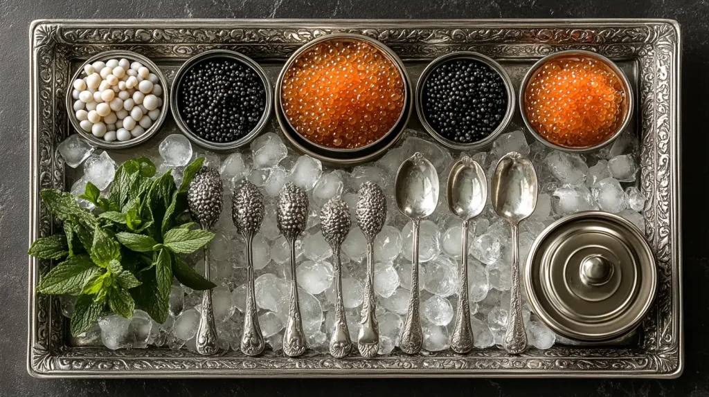 Caviar-serving utensils with mother-of-pearl spoons, a caviar tin, and a chilled dish on an ice-filled tray.