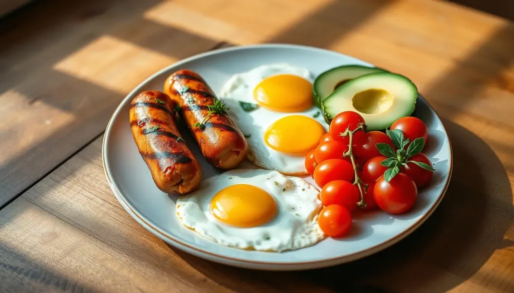 A beautifully arranged breakfast plate featuring golden-brown chicken breakfast sausages, garnished with fresh herbs, alongside sunny-side-up eggs, sliced avocados, and vibrant cherry tomatoes, set on a rustic wooden table with soft morning light casting gentle shadows.