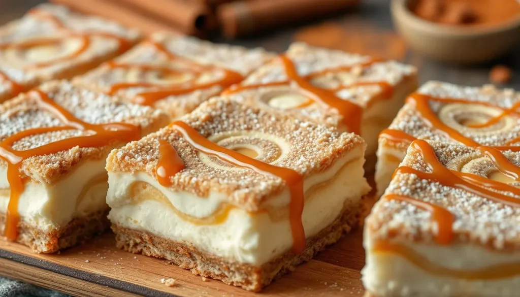 A delicious close-up of churro cheesecake bars, featuring a creamy, swirled cheesecake layer topped with a golden brown cinnamon sugar crust, dusted with powdered sugar, and drizzled with caramel sauce. The bars are cut into perfect squares, placed on a rustic wooden platter, with a backdrop of cinnamon sticks and a sprinkle of cinnamon powder. Soft, warm lighting enhances the inviting textures and colors of this sweet treat.