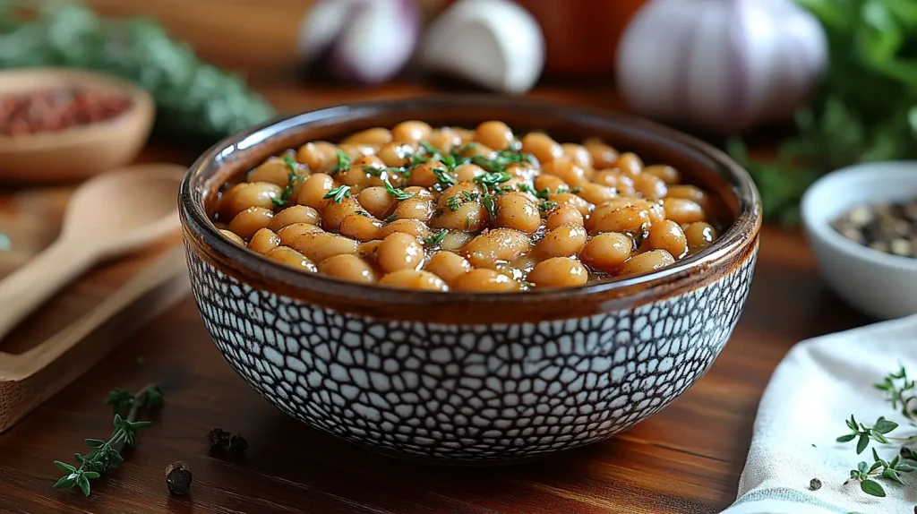 A rustic wooden table set with a steaming bowl of classic baked beans, glistening with a sweet and savory glaze, surrounded by fresh herbs and spices, with a background of warm, inviting kitchen elements and soft, natural lighting.