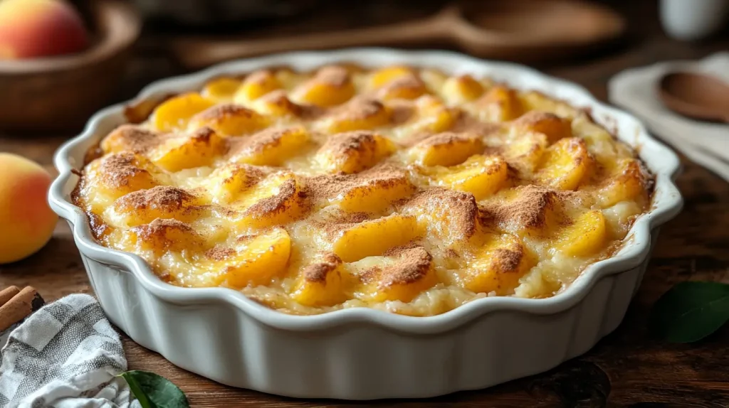 Golden peach cobbler with cake mix topping and fresh peach slices in a rustic dish.
